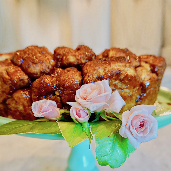 sourdough monkey bread on a green cake stand