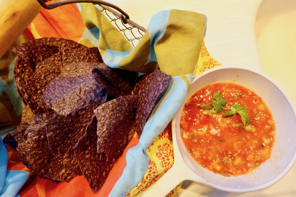 blue corn tortilla chips with lacto fermented peach salsa