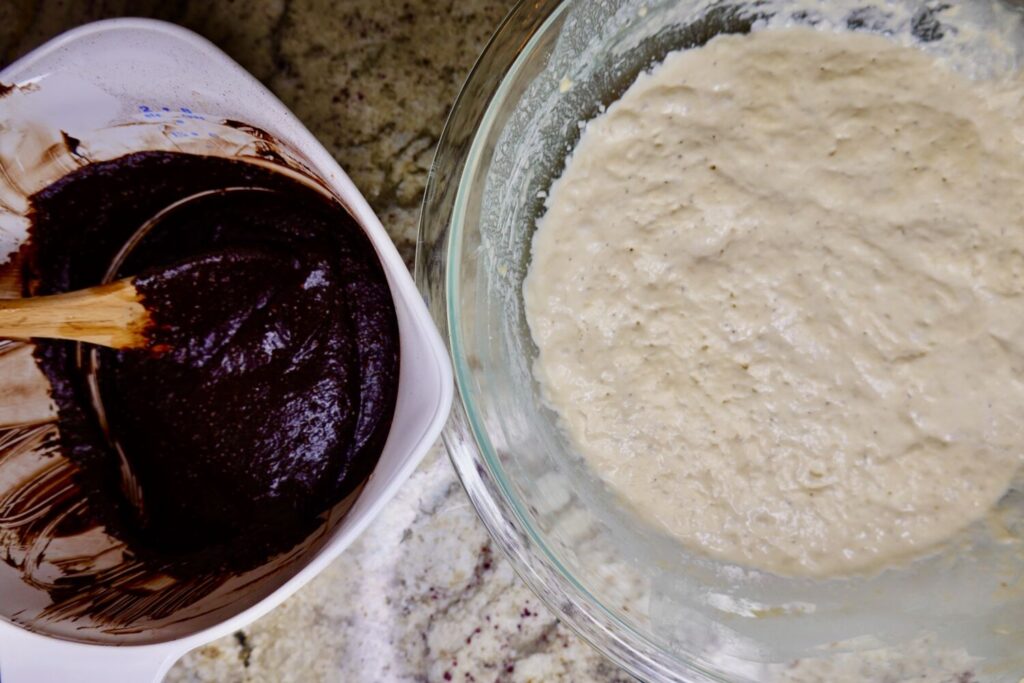 wet ingredients and sourdough for sourdough chocolate cake