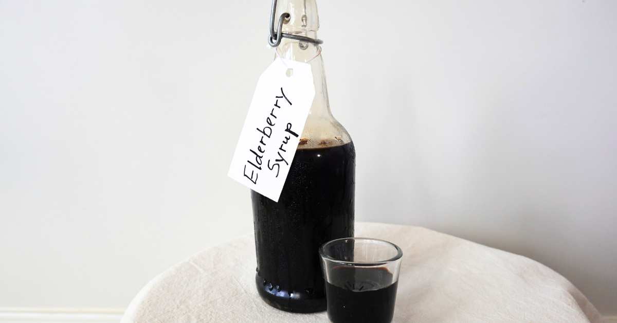 bottle of elderberry syrup sweetened with honey